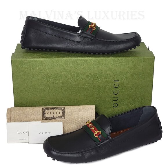 GUCCI SHOES MENS BLACK LEATHER HORSEBIT LOGO DRIVER LOAFERS w WEB sz 13 13.5 - Picture 3 of 16